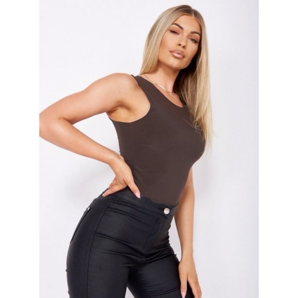 Brown Sleeveless Bodycon Bodysuit Top Leotard - Picture 8 of 10